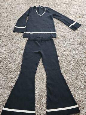 Womens MIOU MUSE Black Two-Piece Knit Set with White Trim